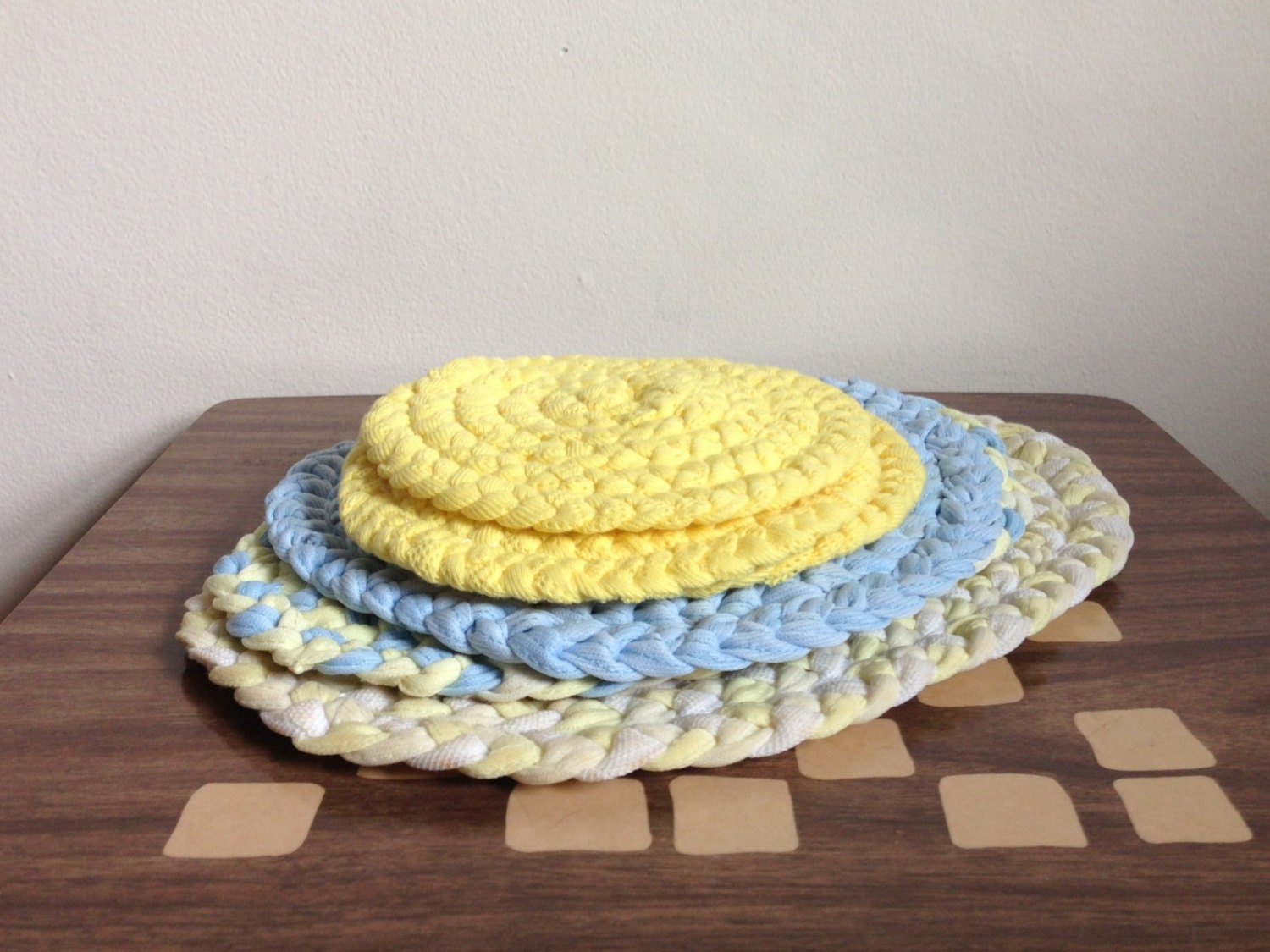 Vintage Potholders - Set of Six Yellow, Blue and White Woven Potholders