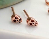 Sale - Skull Stud Earrings -  Rose Gold Plated over 925 Sterling Silver - For men or women - Cartilage Helix Tragus - (no. 467 R)