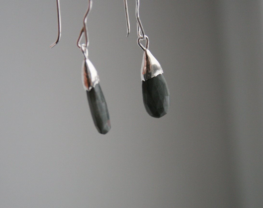 silvery grey, long cat's eye drops and sterling silver dangle earrings