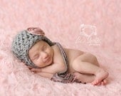 Baby Girl Hat, Newborn Crochet Hat in Gray with Pink Flower Earflap, Great for Photo Prop