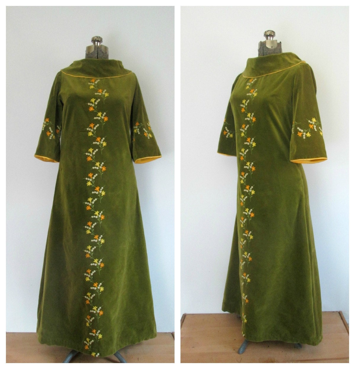 Vintage Embroidered Velveteen Maxi Dress Hostess Gown Boho Chic Loungewear 1960s 1970s