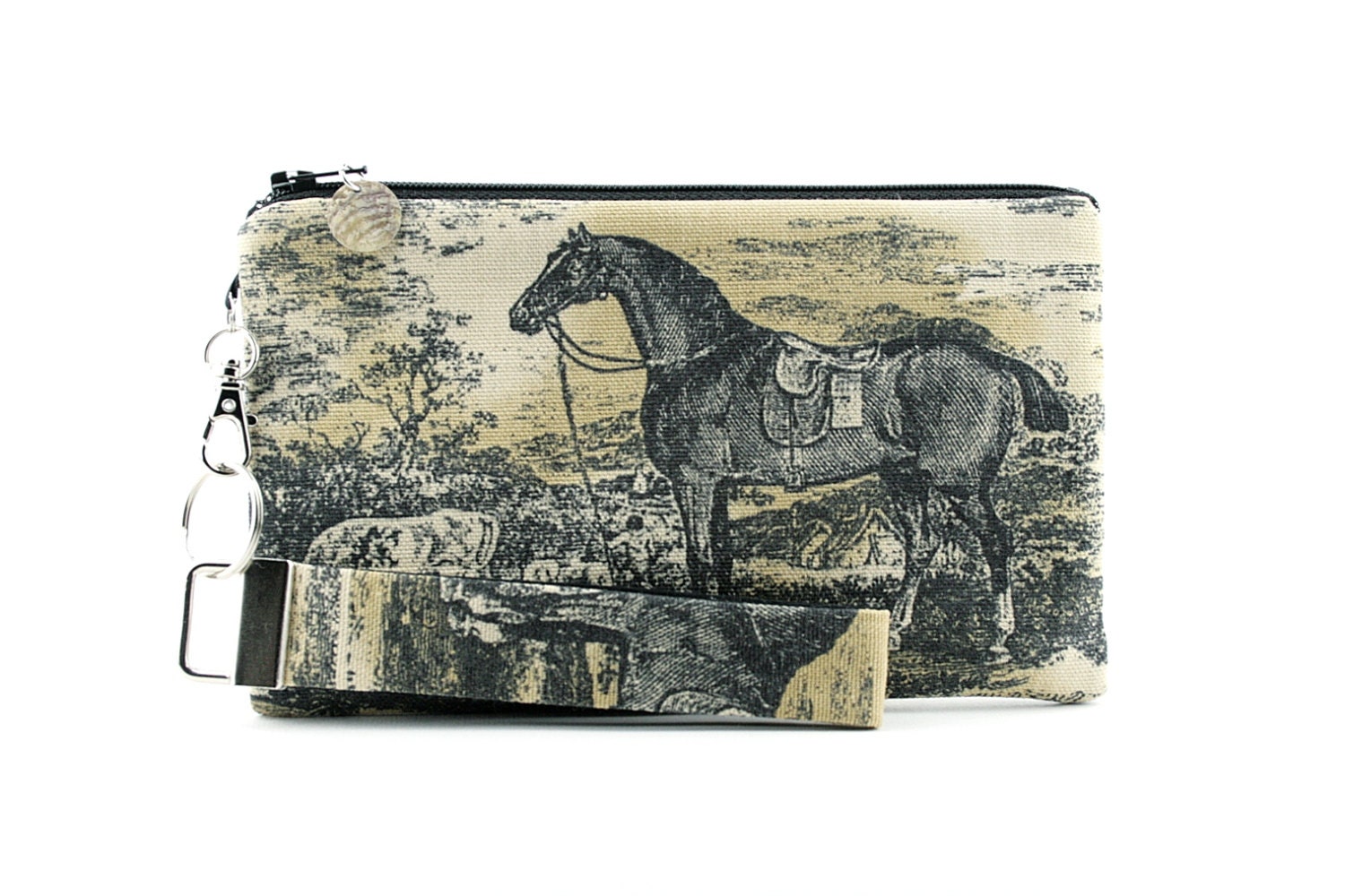 Horse wristlet / equestrian clutch / black and tan makeup bag / zipper pouch & detachable key fob gift set for women in cottage chic toile