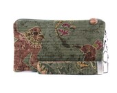 Monkey meets bird wristlet / green clutch / small purse / zipper pouch & detachable key fob gift set for women in boho style fabric