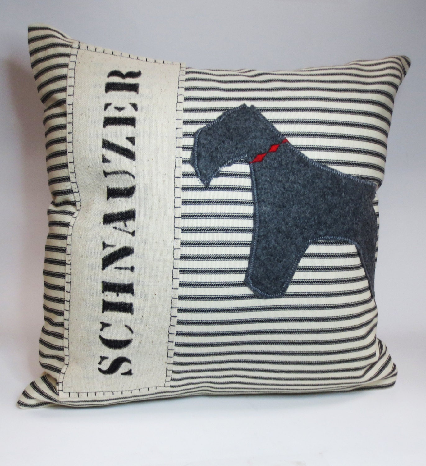 Decorative Throw Pillow Cushion Cover with Grey Felt Schnauzer Applique and black and ivory ticking stripe