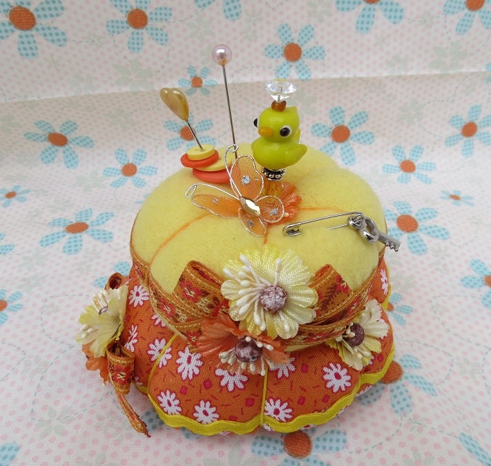 Ducky Orange Print Yellow Fleece 2 Tier Pin Cushion