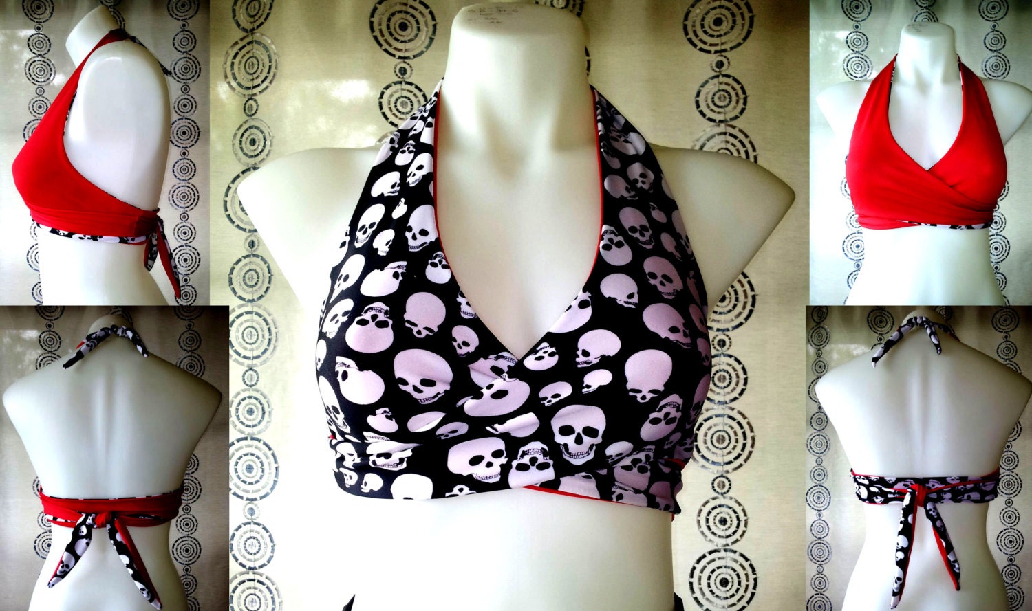 Gina Reversible bikini top in Skulls & Red