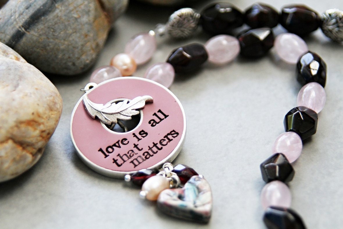 All that Matters - Rose Quartz and Garnet Necklace with Pink Swoondimples Toggle Feature
