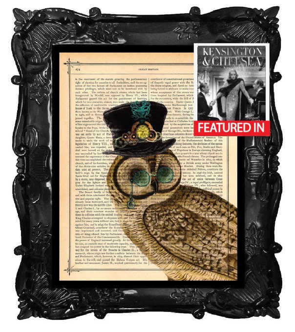STEAMPUNK OWL - Art Print Steampunk Owl on antique book page Steampunk Owl dictionary print