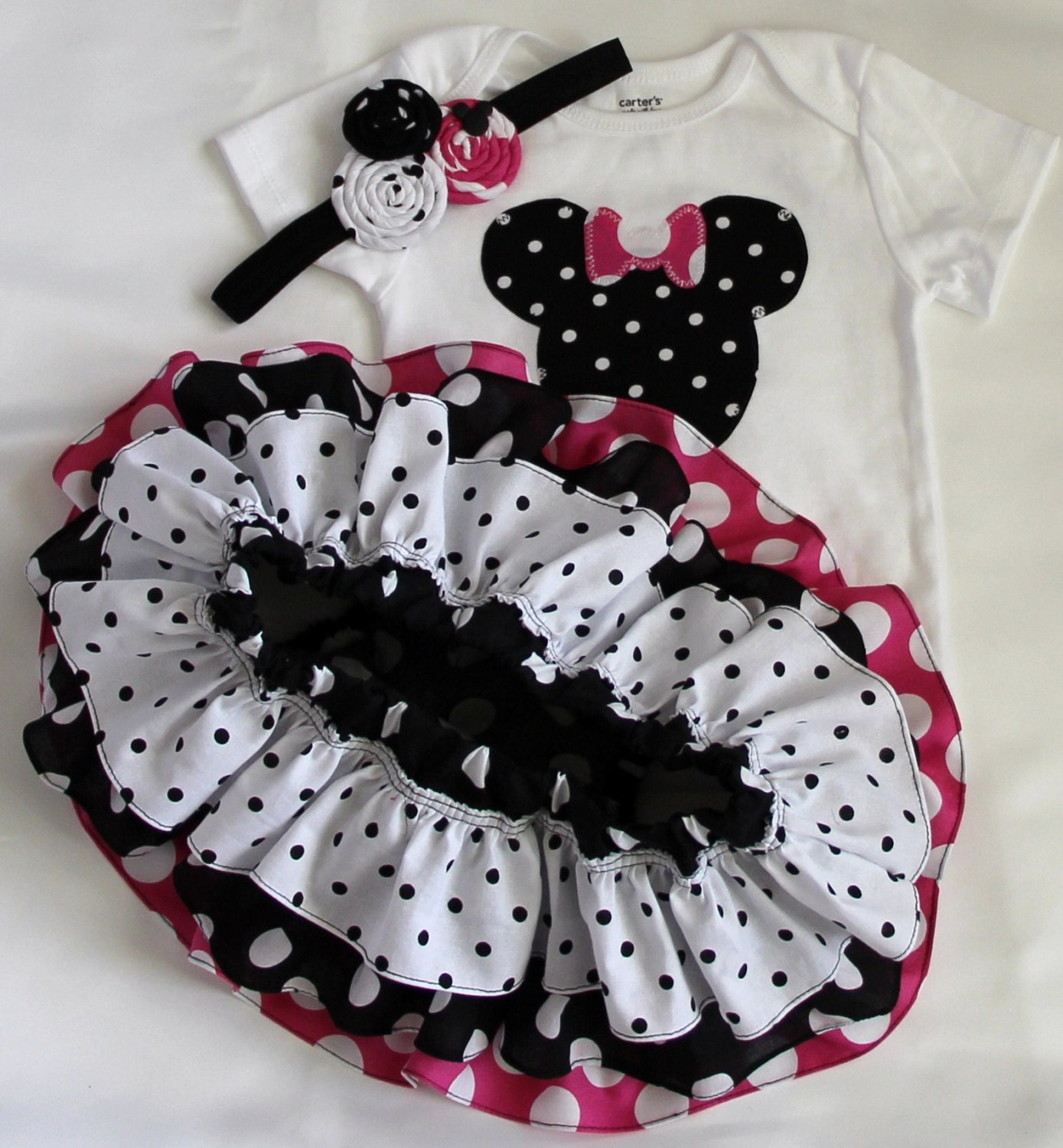 Minnie Mouse birthday disney shirt or onesie all around ruffle bloomer skirt w/fabric rolled rosette headband