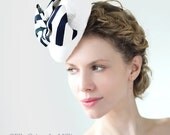 White Sinamay Straw Vintage Inspired Chanel Cocktail Hat Pillbox Summer Retro Hats Headpiece Fascinator Stripy Stripes Dark Navy Bow