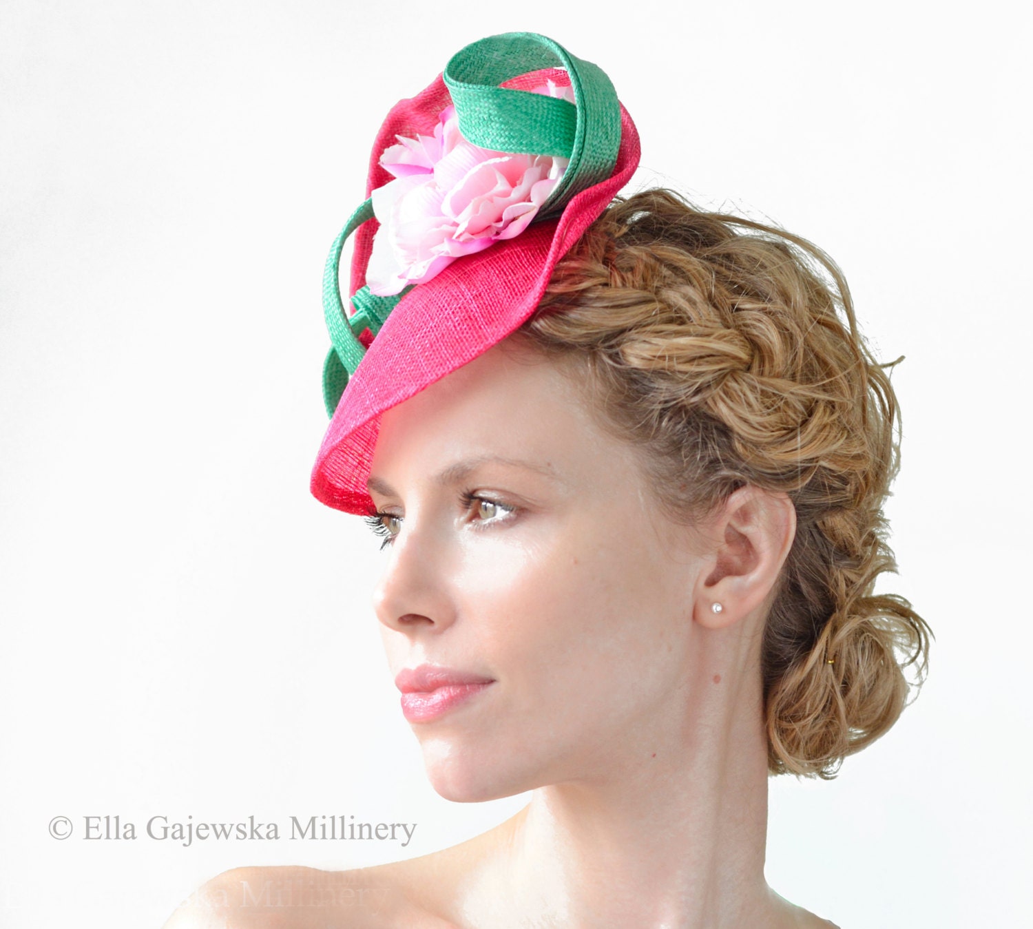 Hot Pink Royal Ascot Bright Pink Saucer Hat Races Headpiece Fascinator Light Weight Summer Hatinator Wedding Lime Green Pink Flowers