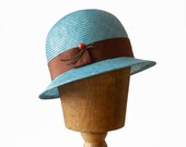 Cloche Flapper Straw Hat Turquoise Blue Great Gatsby 1920's Inspired Ladies Chocolate Brown Tape Women Wear Weddings Racing Garden Party