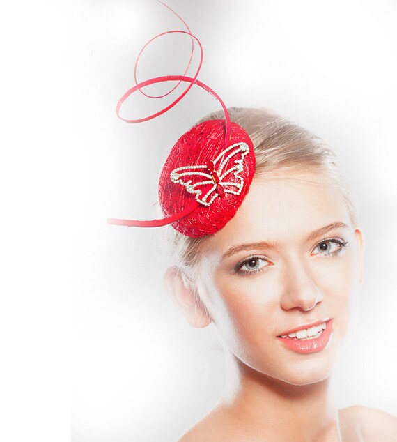 Royal Derby Fascinator Red Headpiece Cocktail Mini Hat Butterfly Weddings Races Swarovski Rhinestones Head Piece