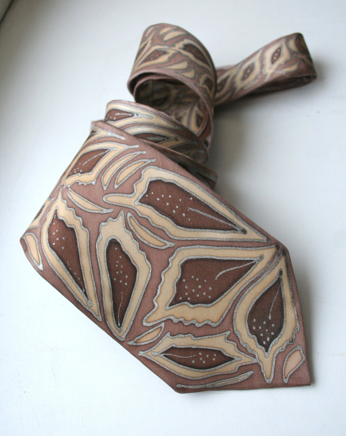 Abstract Brown Necktie. Hand Painted Silk Tie. Brown Floral