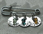Personalized Hand Stamped Brooch Pin with sterling silver charms