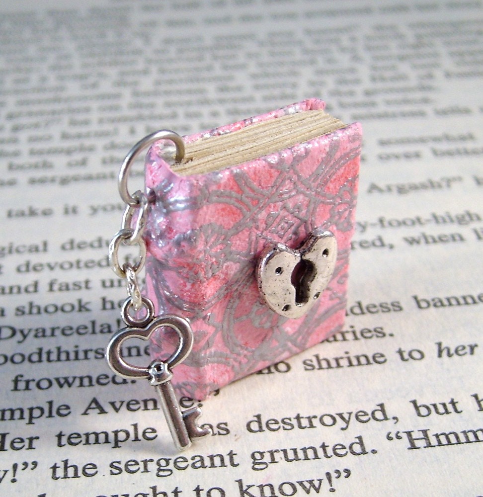 Miniature Book Necklace Charm Under Lock and Key Heart Lock and Heart Key Pink Silver Embossed