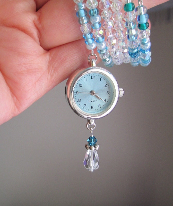 Memory Wire Watch Bracelet Aqua Turquoise Blue Dangling Charm Seed Beads Silver Crystal Teardrop