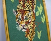 1970s LEOPARD Art - vintage Wild Cat Needlepoint with Bamboo Frame - Spotted Panther, Cheetah, Large Feline