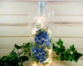 Lighted Wine Bottle Hydrangea Pale Blue Hand Painted