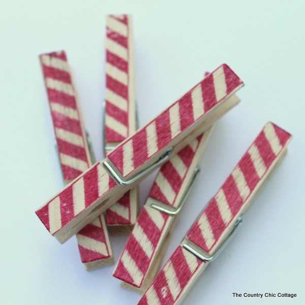 Red Candy Striped Clothespins Set of 5