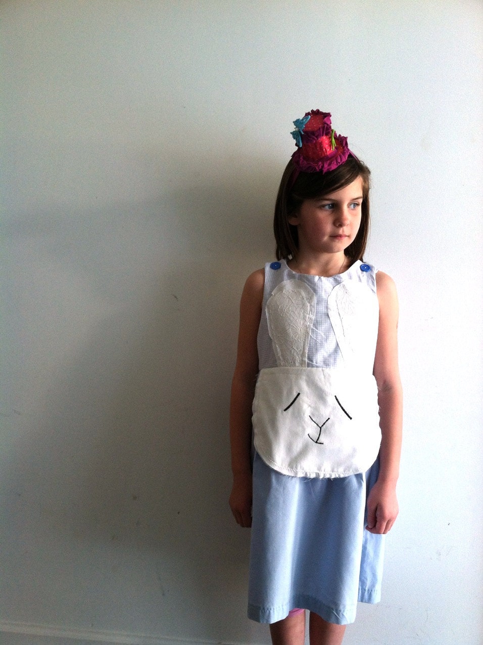 Eco kids upcycled rabbit custom order  Dress Pinafore Apron bunny girls size 5-7
