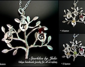 SILVER Birthstone Family Tree Necklace - Rhodium Plated Pendant, Initial Leaf Charms, Up to 5 Initials & Birthstones, Mother or Grandmother