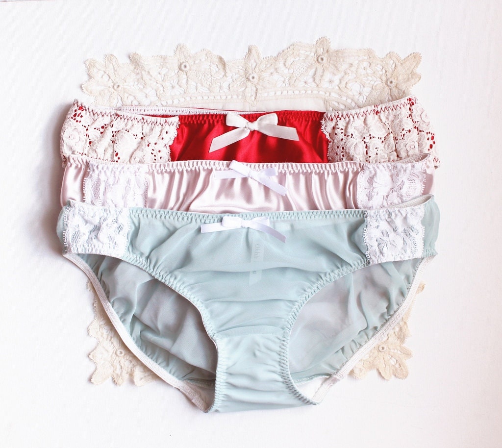 Vintage Lover Valentines Lingerie Panties Set Red Pink and Mint Satin Chiffon and Lace Bikini Cut Panties Handmade to Order