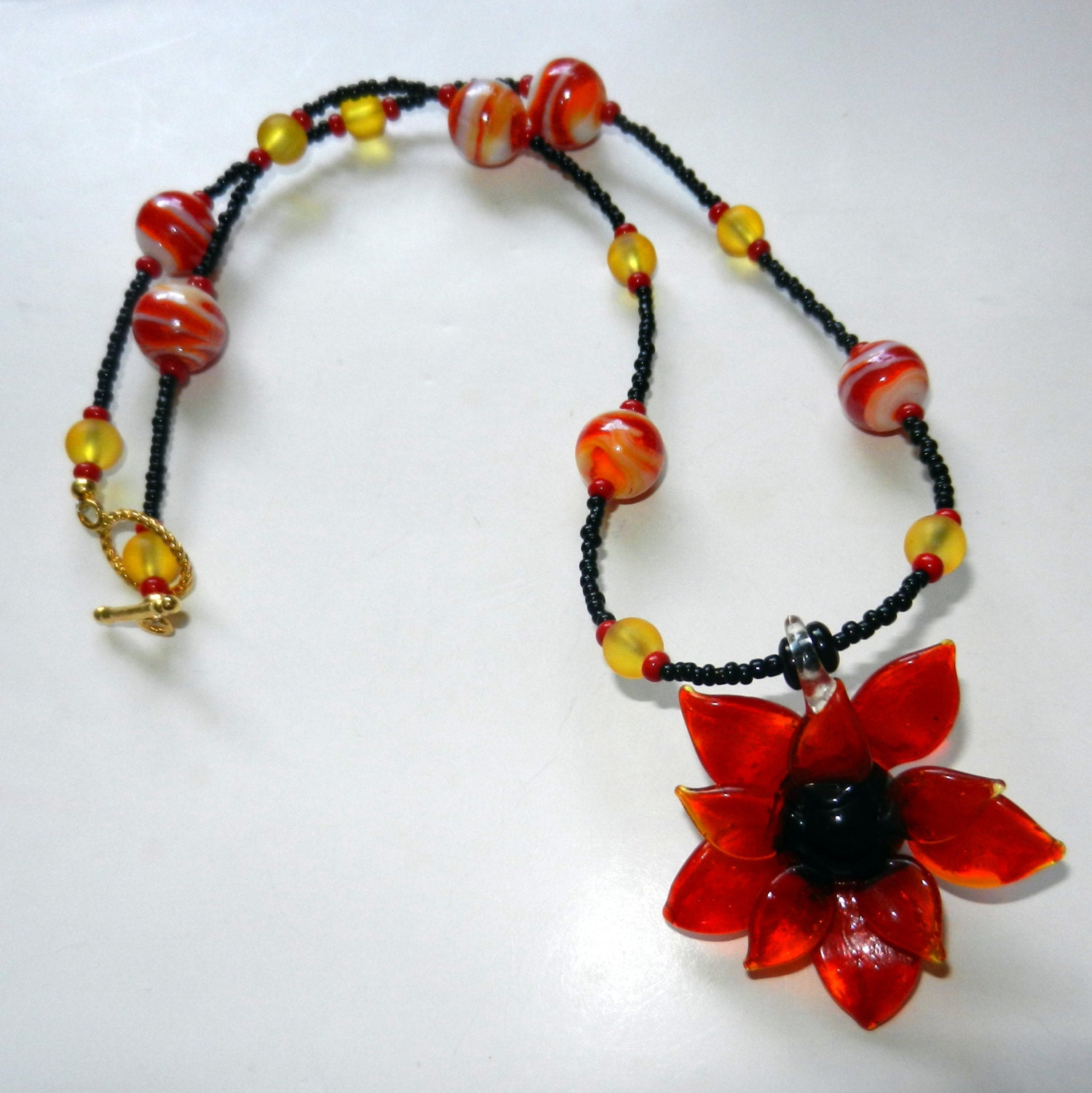 Glass Flower Necklace Beaded Red Yellow Black