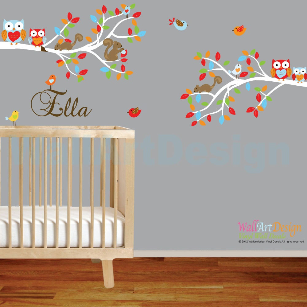 Vinyl wall decal branch set nursery wall decal sticker with birds and squirrels,heart owls,custom name decal