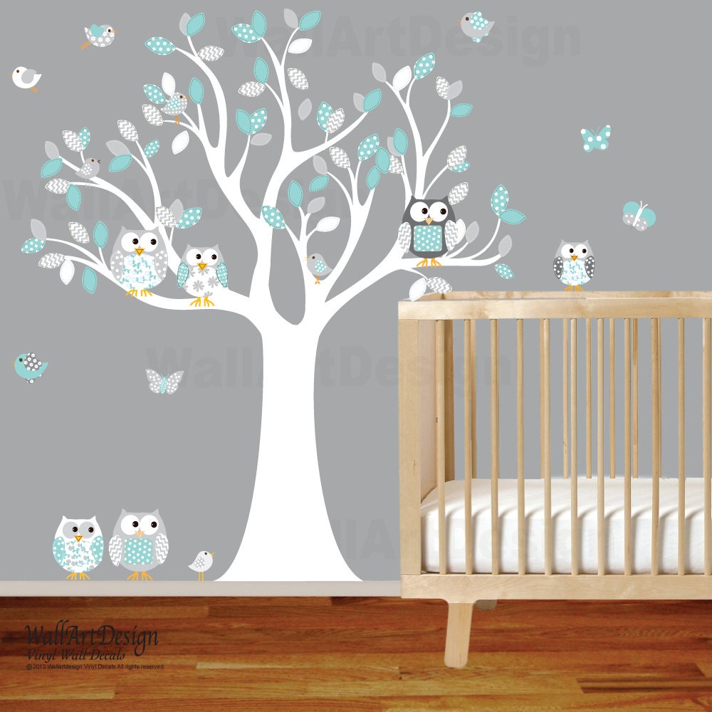 Custom Listing Vinyl Wall Decal Stickers Owl Tree Set Nursery Boy Baby chevron pattern