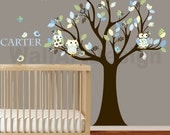 Wall Decals Nursery Decals Stickers Decal Tree with Pattern Leaves Owls Birds Custom Name Decal