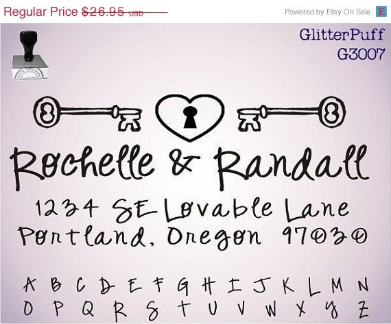SALE Custom Address Stamp - Heart Key Love Cute Keyhole Unlock - GlitterPuff (G3007) - Mounted Clear Acrylic  Handle