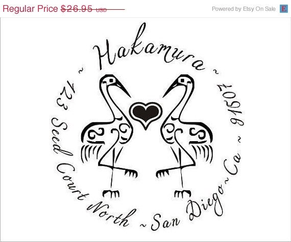 SALE Round Monogram Custom Address Wedding Rubber Stamp - Crane Heron Egret Love Birds  - Mounted Clear Acrylic  Handle
