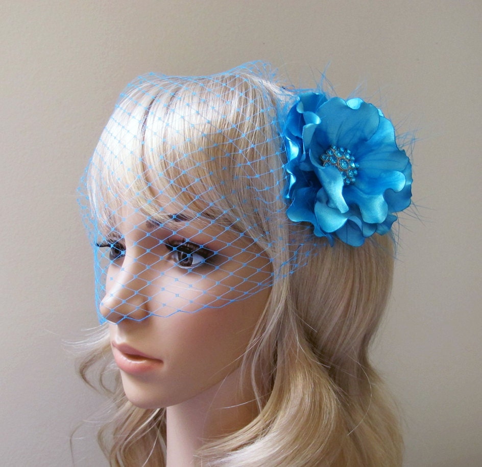 Aquablue Flower Hair Clip Bandeau Veil Blusher 9x15 inch French Net Something Blue Bridal Wedding Headpiece