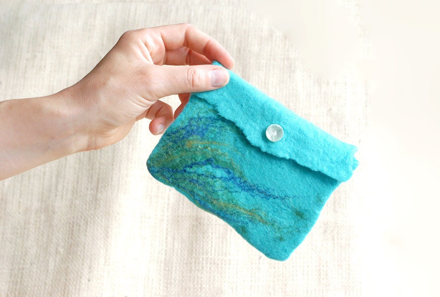 Sea turquoise clutch mini purse felted silk blue, mini wallet with button envelop pouch minimalist gift for her
