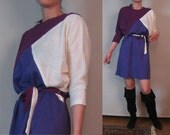 Vintage 80s FRANCE COLORBLOCK KNIT Tunic Belted Tri Color Wine Violet & Ivory Mini Sweater Dress Small 1980s