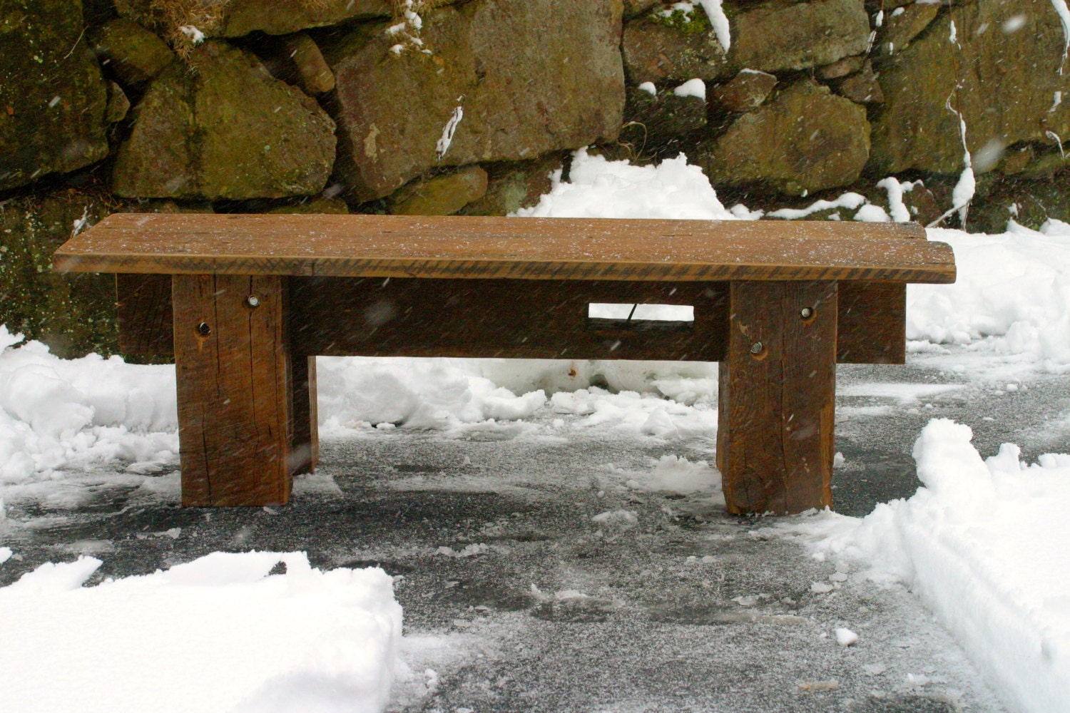 antique barn beam bench made with old-fashioned tools