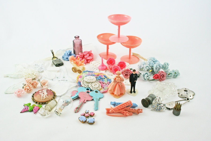 Vintage Destash, Assemblage, Inspiration Kit, Wedding Destash, Pink and Blue Destash