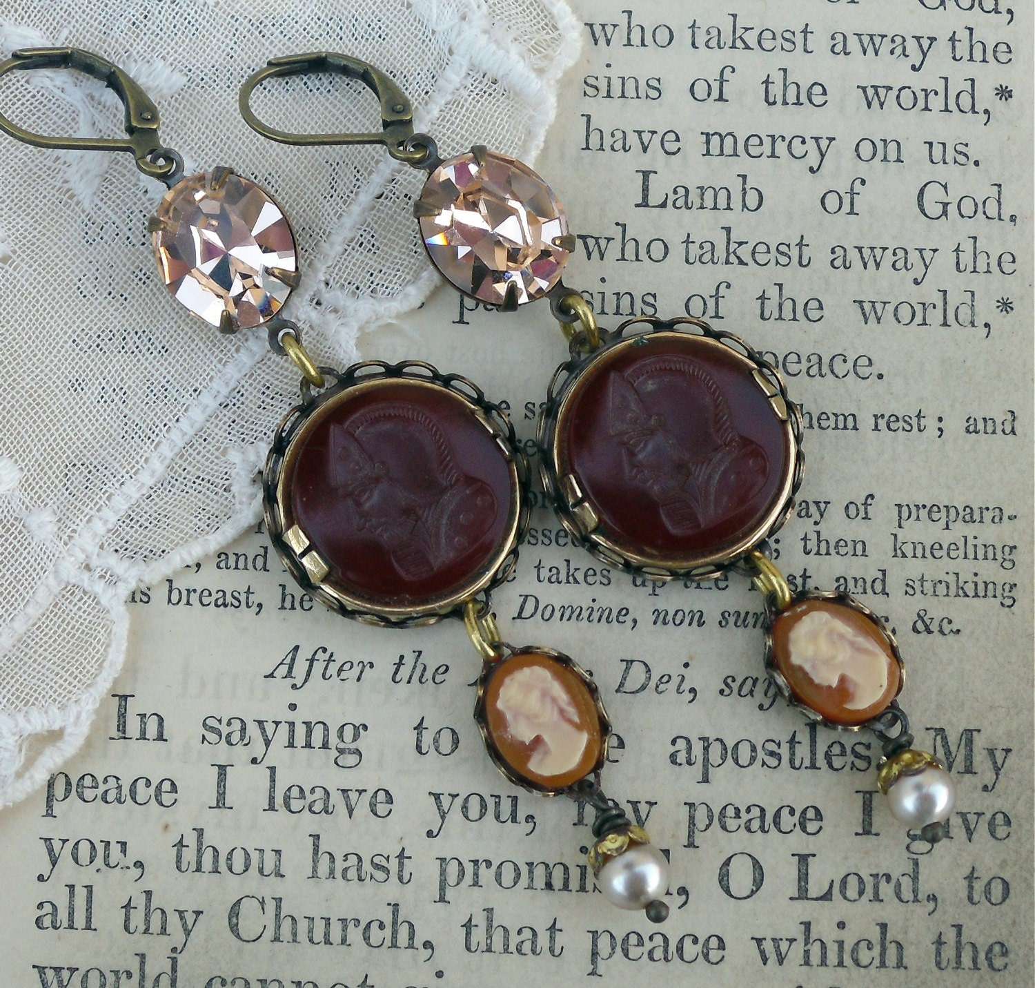 Until Death do Us Part, Vintage Male and Female Cameos with Vintage Peach Swarovski Crystal Rhinestones