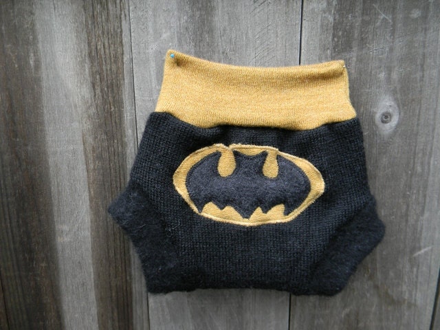 Upcycled Wool Soaker Cover Diaper Cover With Added Doubler Black/Mustard Yellow With Batman Applique SMALL 3-6M Kidsgogreen