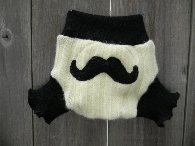 Upcycled Wool Soaker Cover Diaper Cover With Added Doubler Pale Yellow/Black With Mustache Applique NEWBORN 0-3M Kidsgogreen