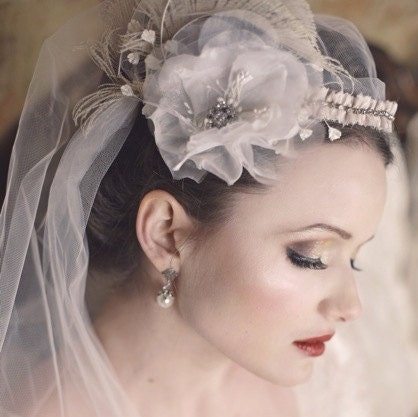 BISQUE Floral and Feather Tulle Veil with Rinestone Accents
