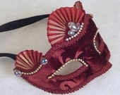 Embossed Burgundy Velvet Carnival Mask with Iridescent Cabachon and Clear Rhinestones