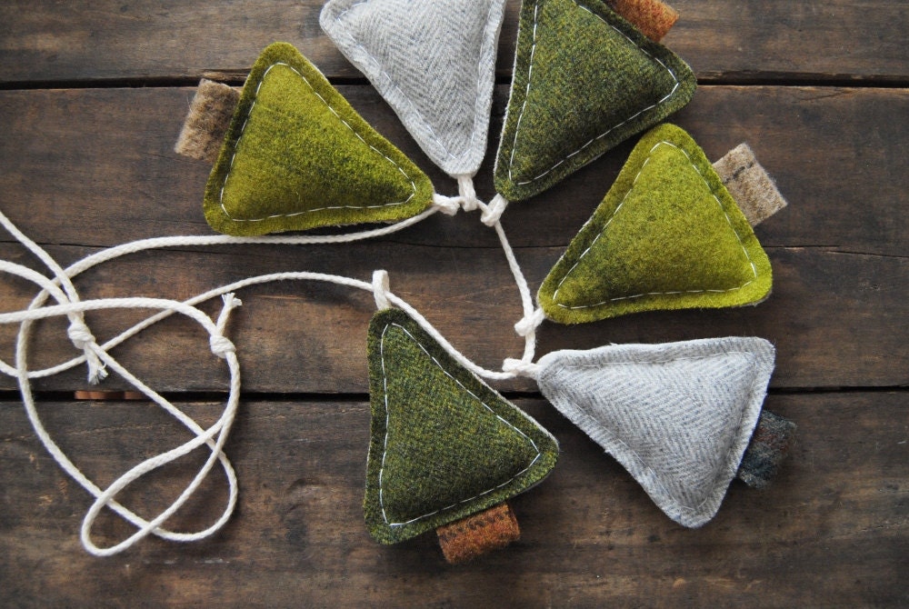 Earth Day - Renewable Wool Tree Garland - Primitive Pine Home Decor - Cabin Art