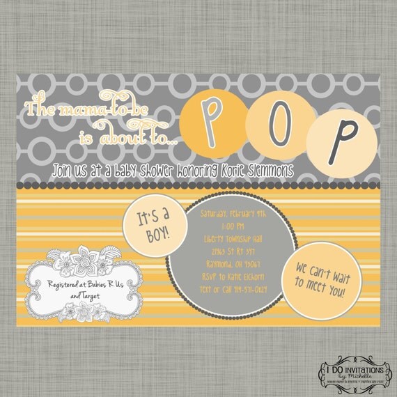 The mama to be is about to POP Baby Shower Invitation - Gray & Yellow - Digital File Il_570xn