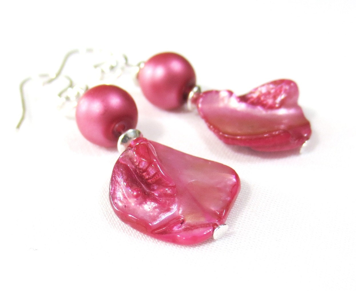 Fuschia Earrings, 925 Sterling Silver, Metallic Pink Pearls, Dangle Earrings, Pink Oyster Shell Beads, Sterling Rondelles