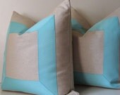Set of Two - Natural cotton - 18 - 20 - 22 inch - Decorative Pillow Covers - fabric with aqua ribbon embellishment -ready to ship