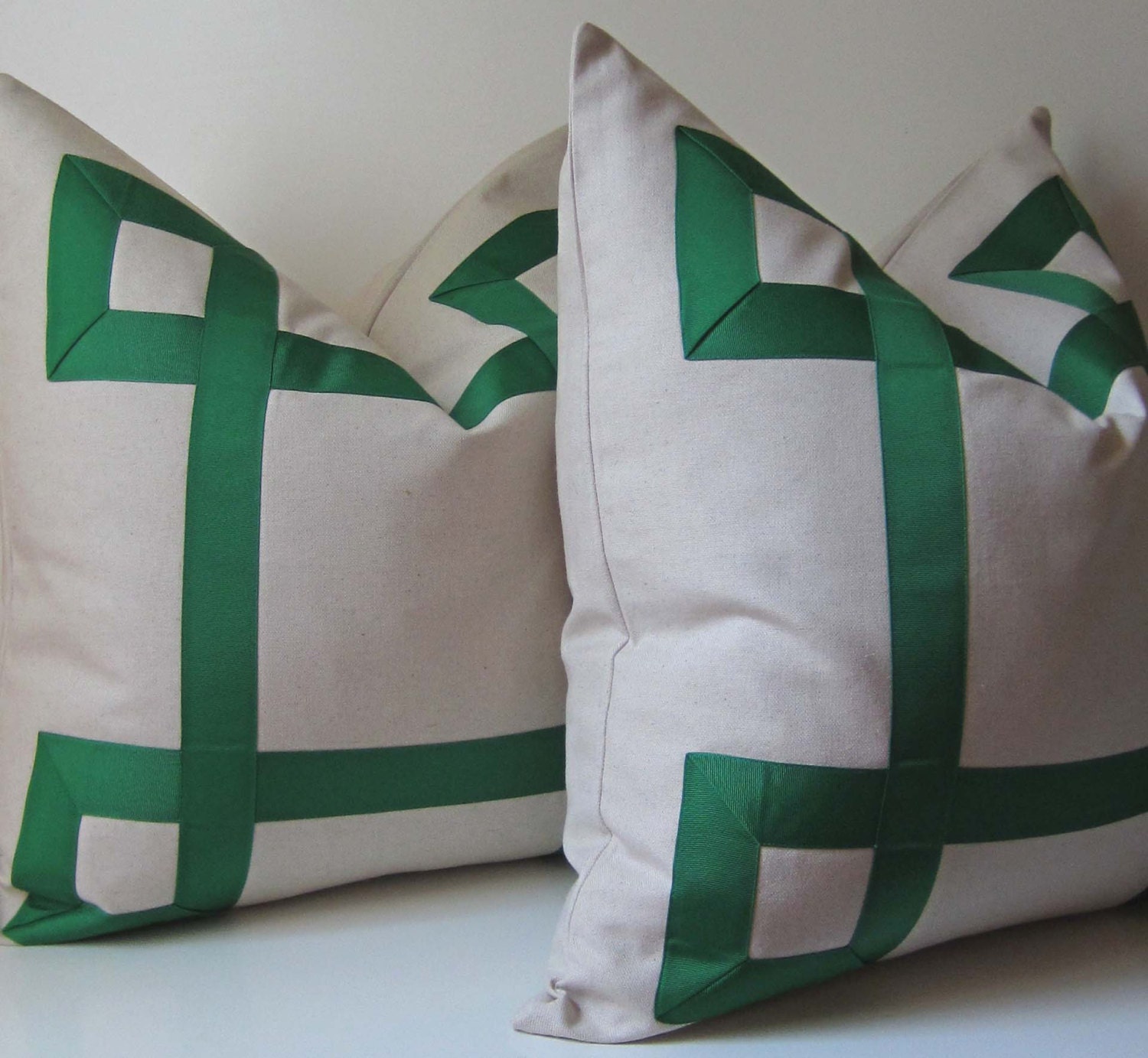 Set of Two - Linen Pillow Covers -  Linen - Cotton - 20 - 22 - 24 inch - Pillow Covers  - Emerald Ribbon - euro sham - made to order