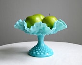 Turquoise Blue Milk Glass Footed Compote by Fenton, 1950s Footed Bowl