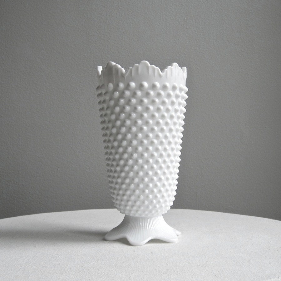 Large Fenton Hobnail Milk Glass Footed Vase - with Crown Top